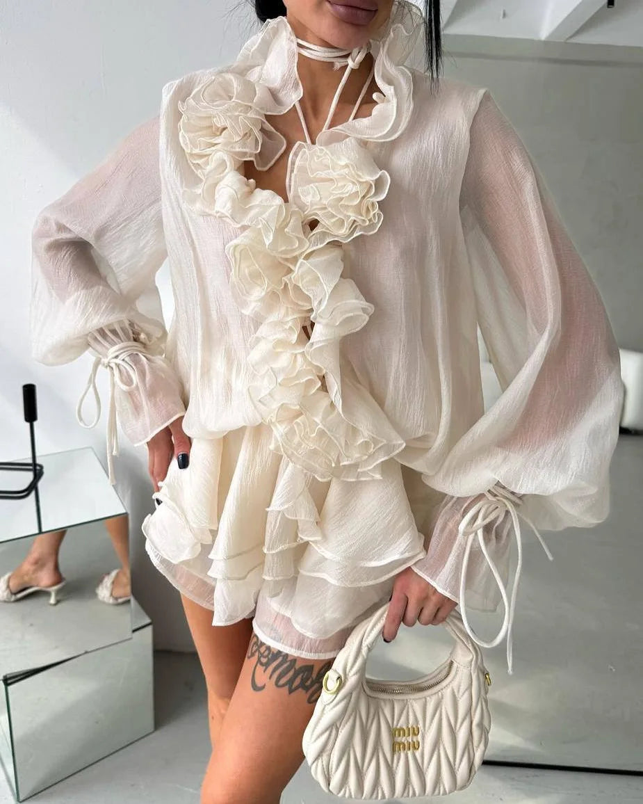 Summer Women Mesh Spliced 3D Flowers Chiffon Shirt Long Lantern Sleeve Gauze Ruched Lotus Blouses Tops + Elastic Shorts 2Pcs Set