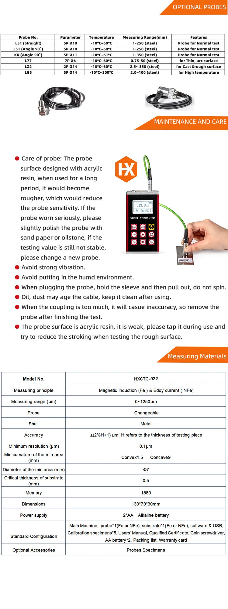 High Precision Ultrasonic Thickness Gauge coating measuring instrument Thickness Meter HXCTG-922