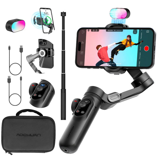 MMOOKA AOCHUAN Smart Xpro Combo Black 3-Axis Phone Gimbal Stabilizer With 73cm Extension and RGB Magnetic Light OLED Display Gimbal