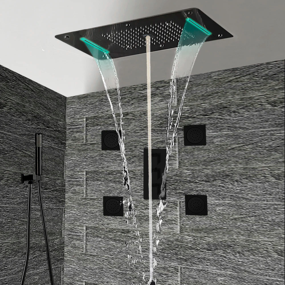 MMOOKA Bath Concealed Shower Set Faucet Panel Tap Thermostatic Mixer Valve LED Ceiling Shower Head Rain Waterfall Bubble Mist CF5422 MMOOKA.COM