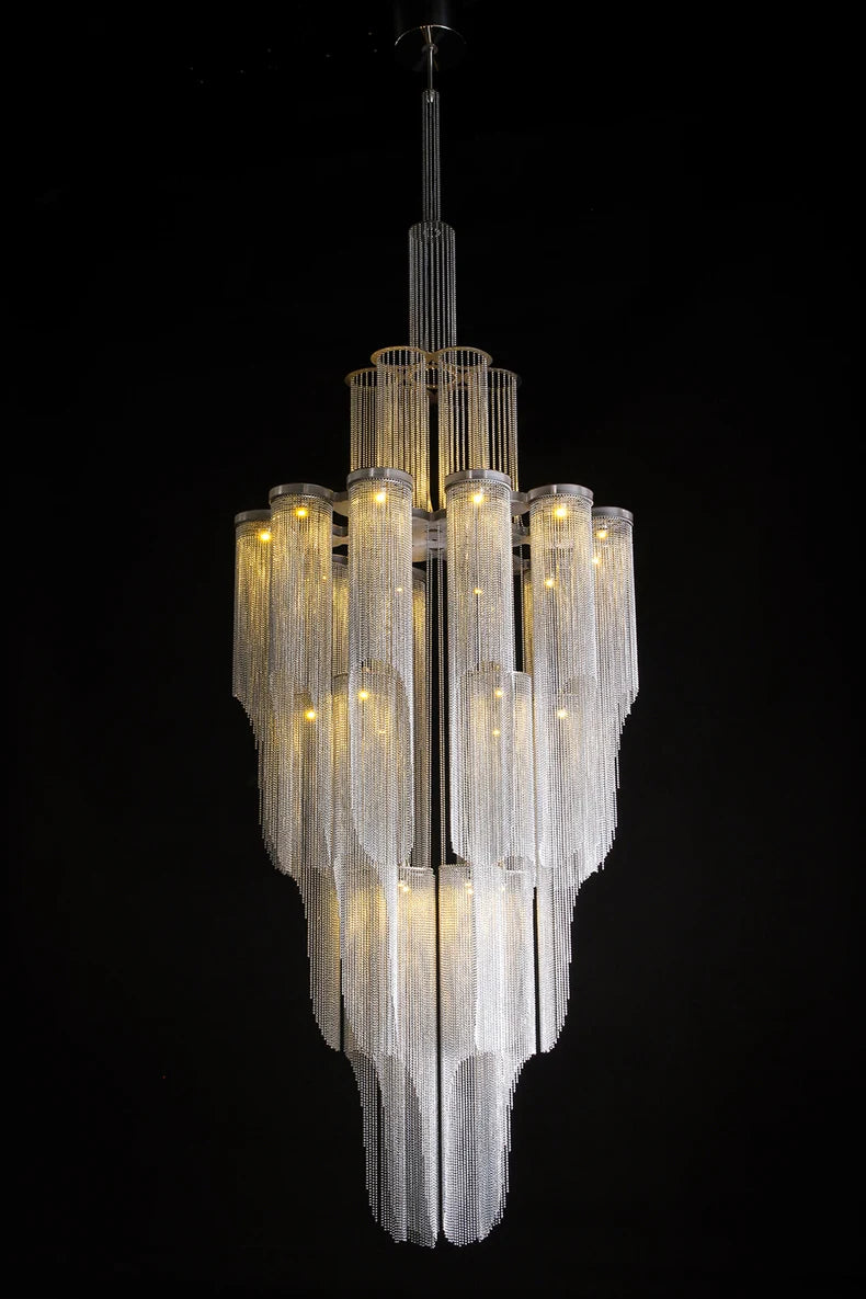 LED luxury aluminum tassel chandelier for the villa living room rotating staircase decorative chandelier custom engineering lamp