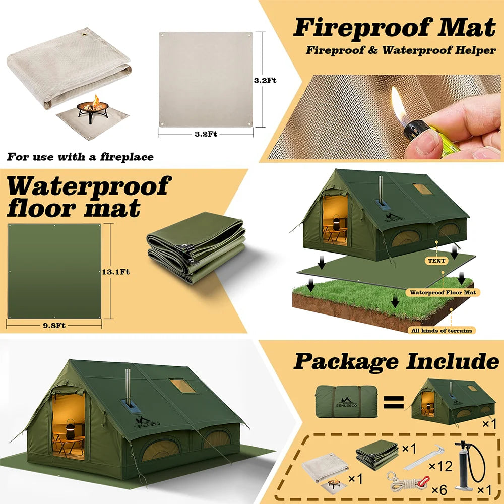ANTNX 129 SqFt² Army Green Inflatable Camping Tent with Canopy,4 Season Air Tent with Tent Tarp & Moisture Proof Pad & Fire Blanket ANTNX.COM
