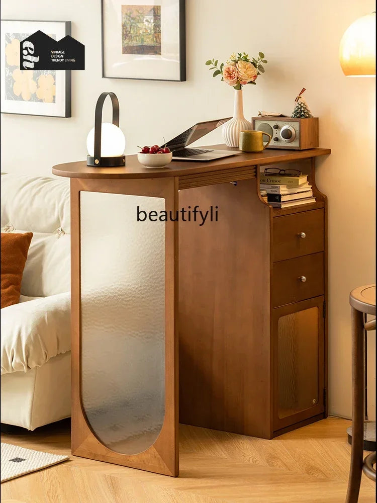 MMOOKA Retro Solid Wood Bar Cabinet Simple Living Room Partition Bar Table Balcony Kitchen Island Sideboard Cabinet Chest of Drawers