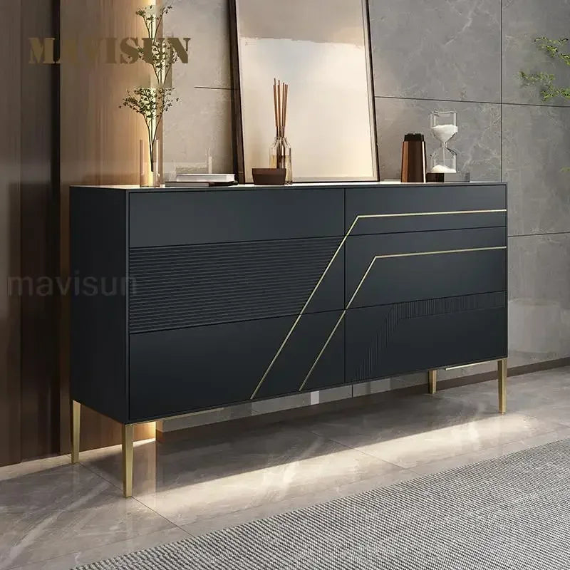 MMOOKA Black Kitchen Cabinet Decoration Simple Solid Wood Living Room Furniture Luxury Villa Large Capacity Buffet Stainless Steel Leg