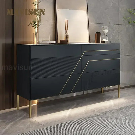 MMOOKA Black Kitchen Cabinet Decoration Simple Solid Wood Living Room Furniture Luxury Villa Large Capacity Buffet Stainless Steel Leg