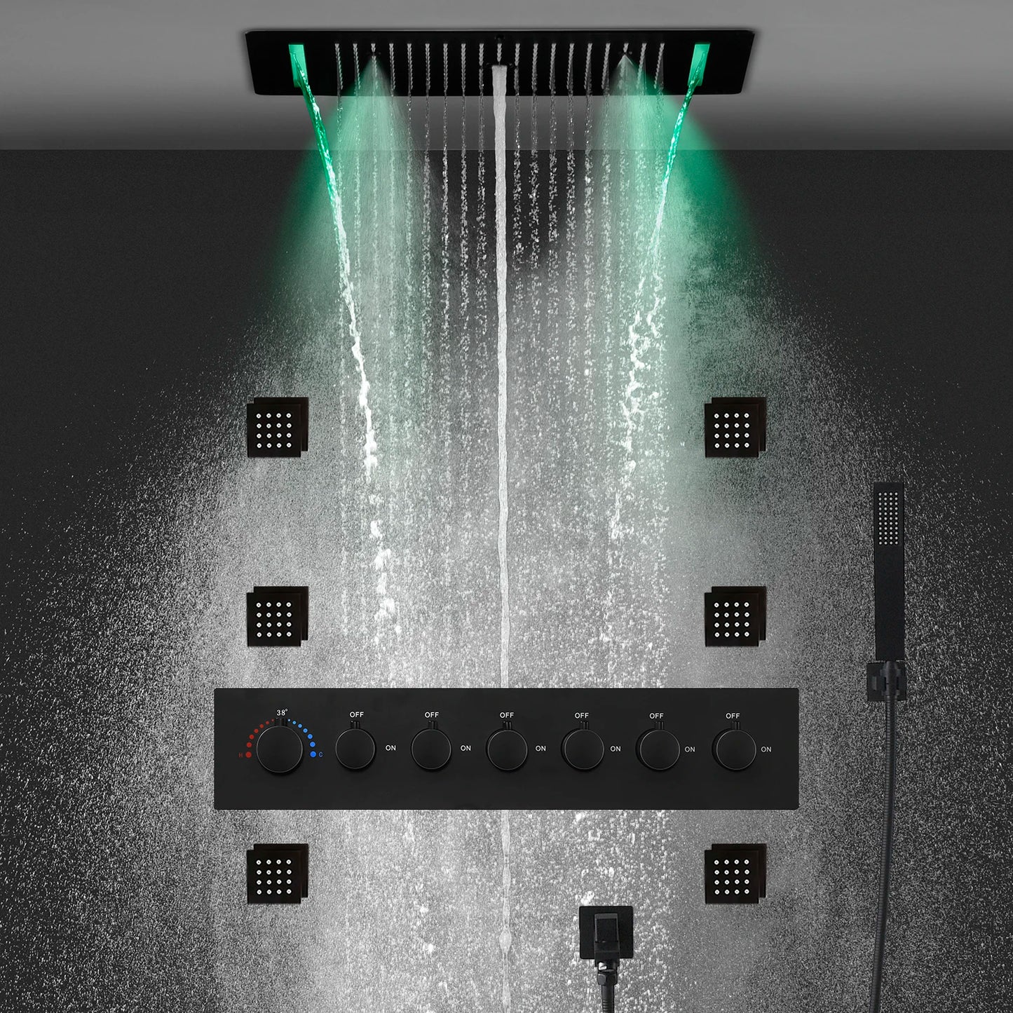 MMOOKA Matt Black Shower Faucet Panel 28x15 Inch RGB LED Shower Head Set Thermostatic Mixer Valve Kit 6 Pcs 2 Inch Side Jets MMOOKA.COM