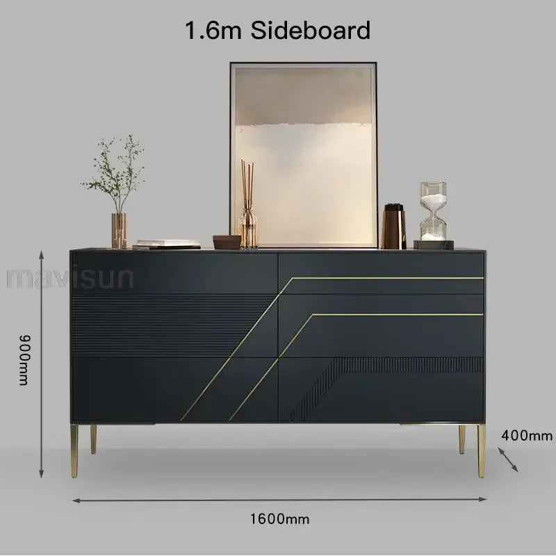 MMOOKA Black Kitchen Cabinet Decoration Simple Solid Wood Living Room Furniture Luxury Villa Large Capacity Buffet Stainless Steel Leg