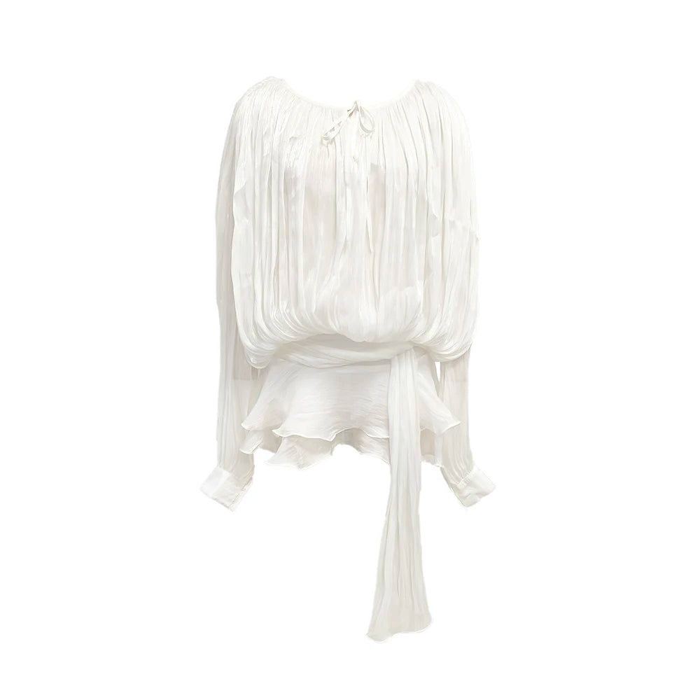 VC Chic Chiffon Mini Dress with Tie-Neck and Lantern Long Sleeves for a Garden Party Evening Gown