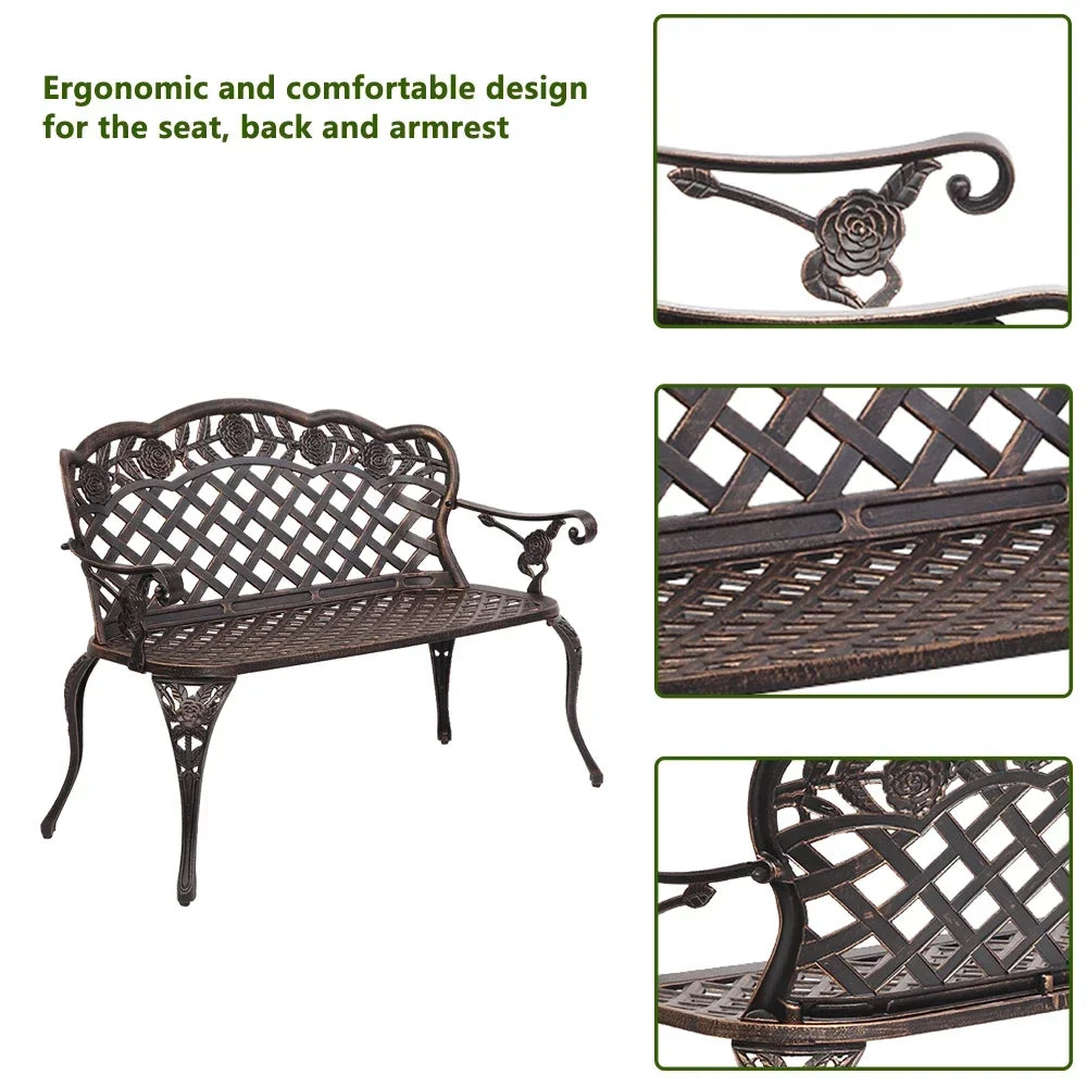 MMOOKA 42.5inch Outdoor Patio Porch Garden Chair Cast Aluminum Leisure Rose Couple Bench Easy to Clean 108x60x83CM Bronze[US-Stock]