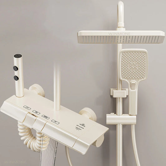 MMOOKA Milk White Waterfall Shower System for Bathroom Modern Bath Crane Mixer Tap Shower Faucets Water Saving Rain Bathtub Shower Set MMOOKA.COM