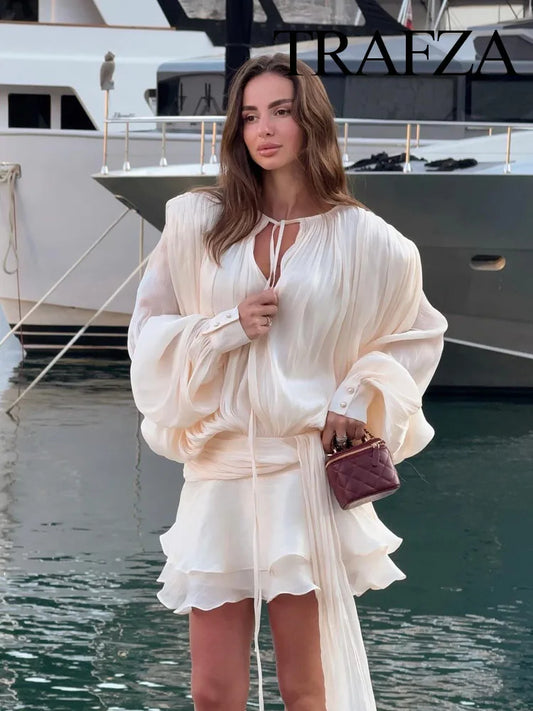 TRAFZA Women Fashion 2 Piece Set Solid Pleated Decoration Puff Sleeves O-Neck Mini Dress+Chic Rear Zipper Shorts Suit 4 Colors