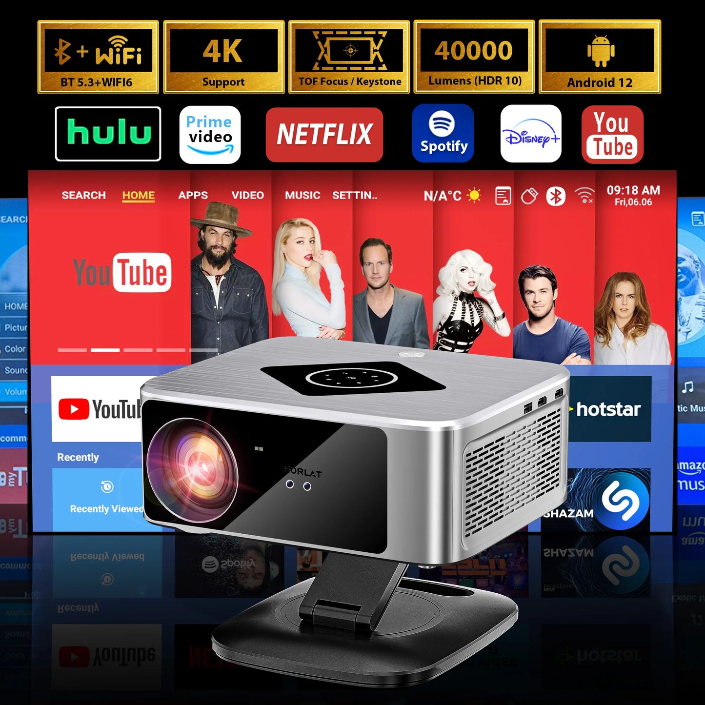 Horlat Projector 40000 Lumens Full HD 1080P Projector 4K Support Android12 WiFi 6 Home 3D Theater Beamer Outdoor Projector HDR10
