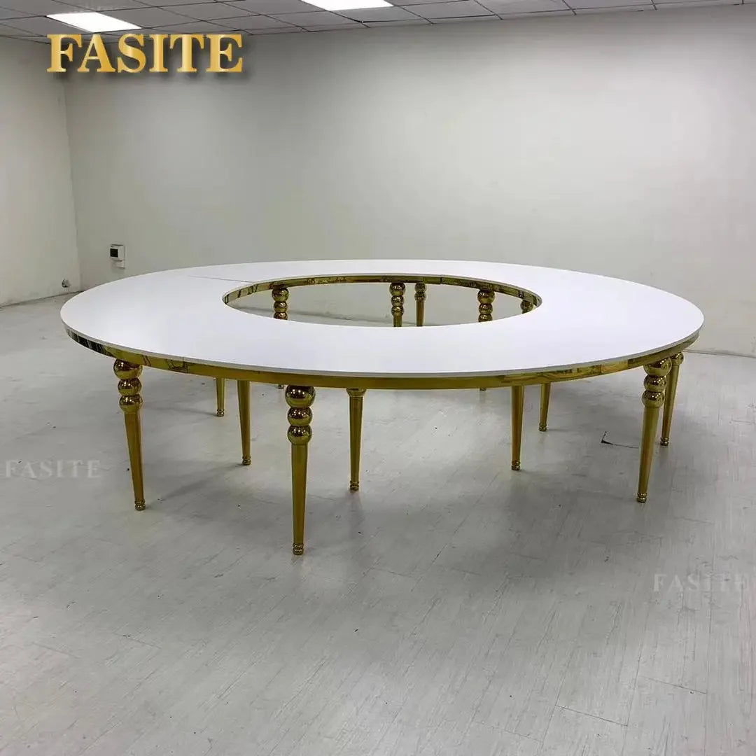 Tavolo da matrimonio a mezza luna in vetro temperato in acciaio inossidabile con cerchi rotondi per feste di luna per il noleggi