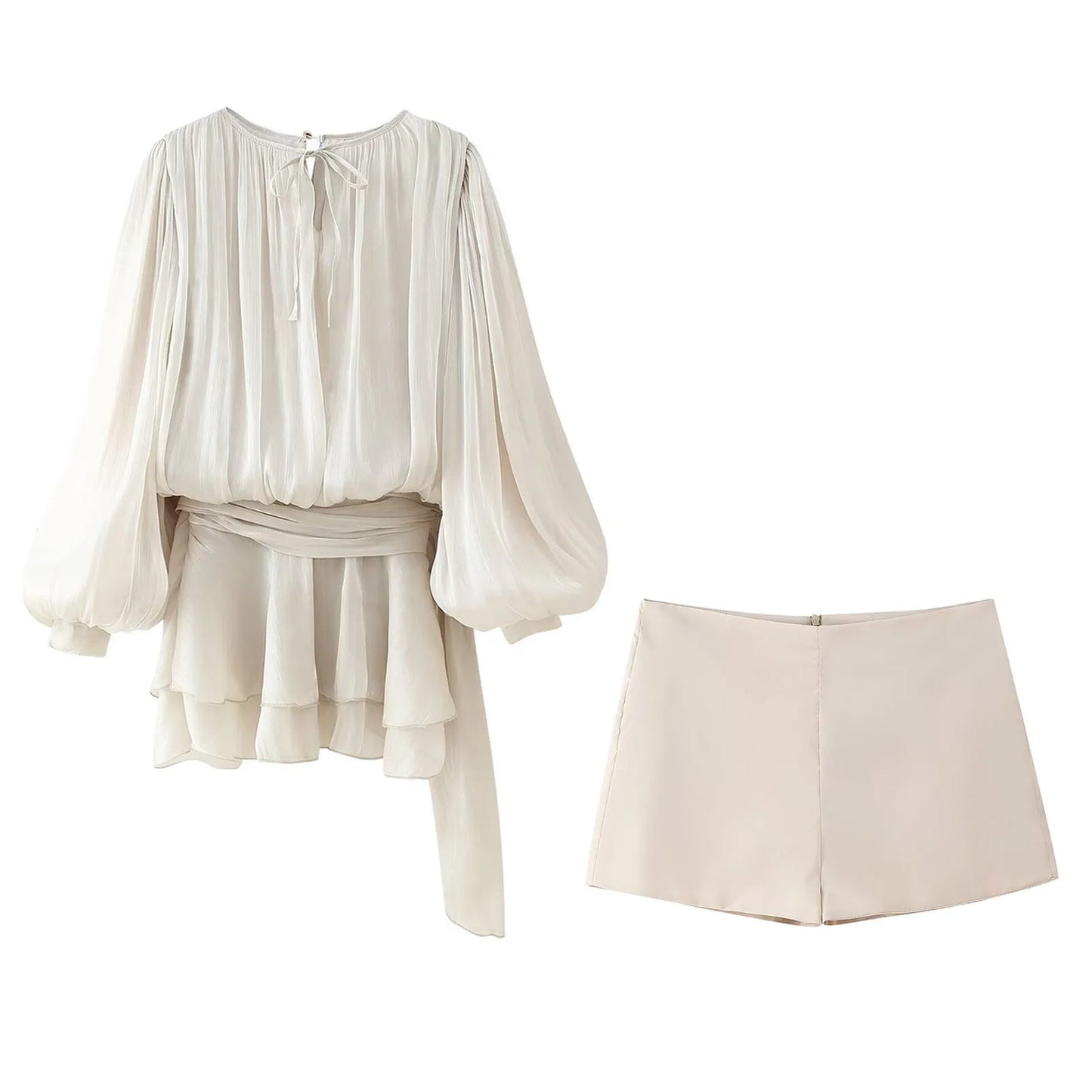TRAFZA Women Elegant Chic O-Neck Pleated Decoration Long Sleeves Solid Mini Dress+Fashion Rear Zipper Slim Shorts 2 Piece Set