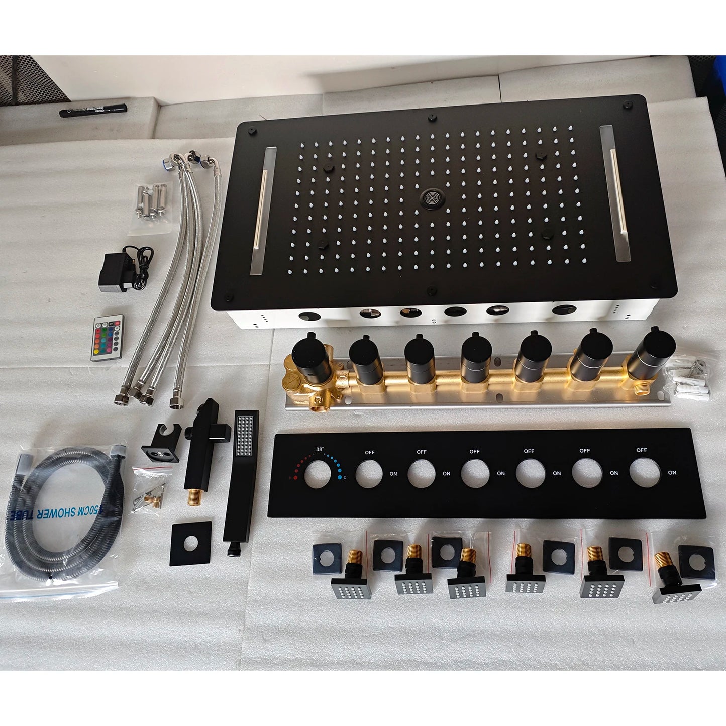 MMOOKA Matt Black Shower Faucet Panel 28x15 Inch RGB LED Shower Head Set Thermostatic Mixer Valve Kit 6 Pcs 2 Inch Side Jets MMOOKA.COM