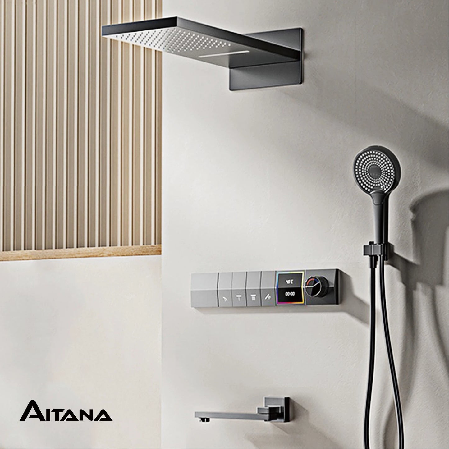 ANTNX Luxury gun gray brass shower system intelligent LED digital display design, wall mounted dual control cold & hot 4-function Tap ANTNX.COM