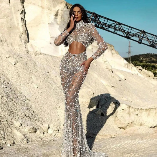 See Through High Neck Evening Dress Luxury Beads Crystal Party Gowns Custom Made Floor-Length Mermaid Prom Formal Robe De Soiree