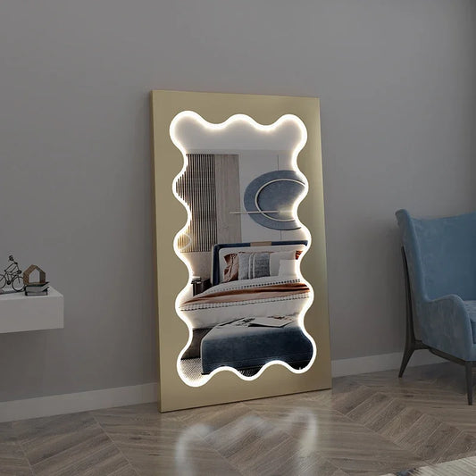 MMOOKA Cute Wave Mirror Irregular Aesthetic Design Living Room Full Large Body Mirrors With Light Dressing Espejos Bedroom Decoration