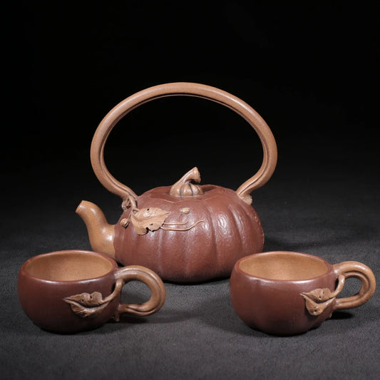 Set Chinese Yixing Zisha Clay Teapot  Pumpkin lifting beam Pot  Chen Mingyuan 260ml