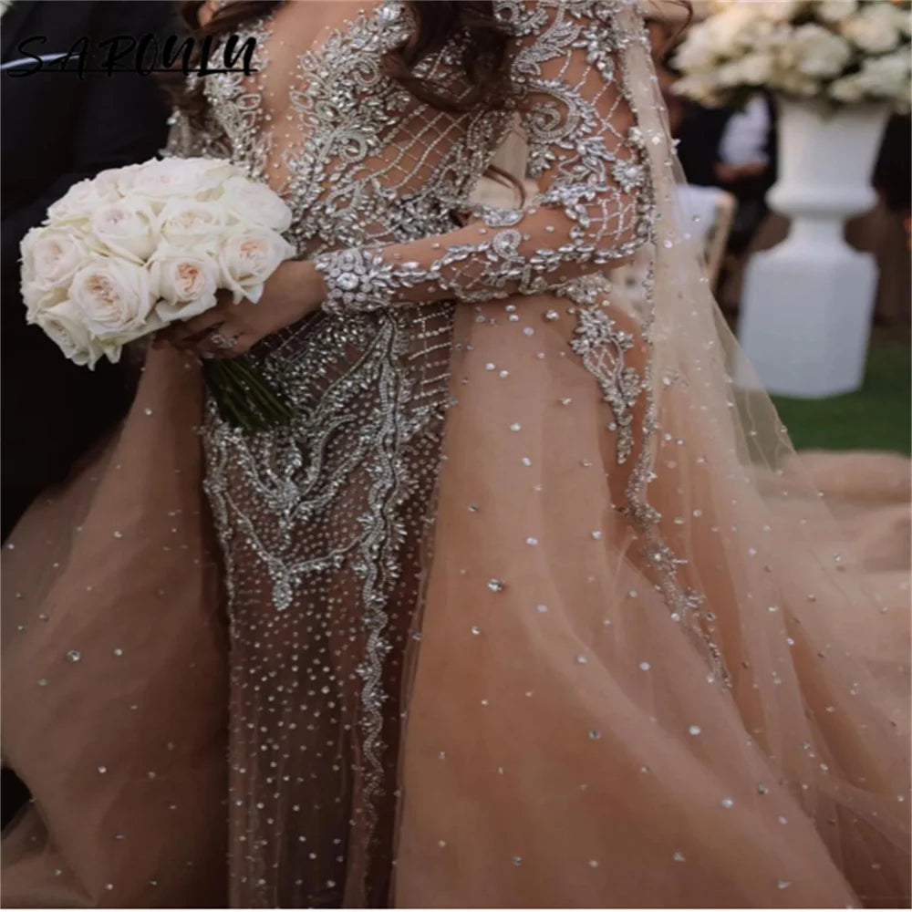 Sexy Deep V-neck Lace Beadings Wedding Dress Illusion Mermaid Floor-length Bridal Gown Luxury Vestidos De Novia