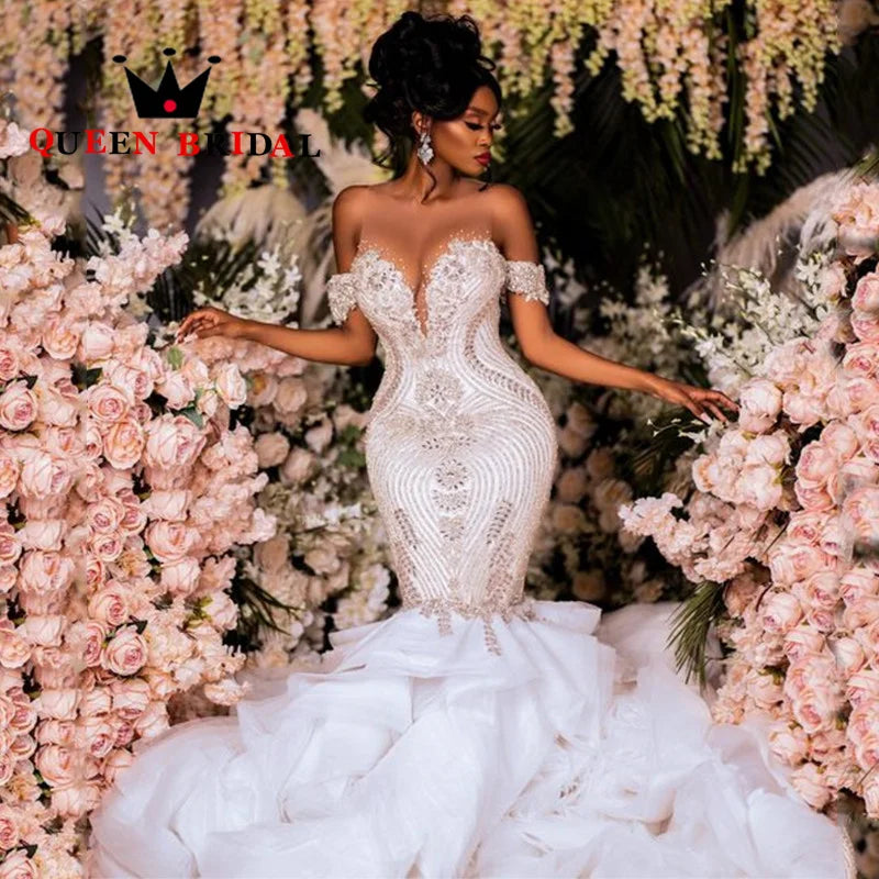 Sexy Mermaid Wedding Dresses 2023 Exquisite Crystal Beading Off The Shoulder Ruffles Train Bride Gowns Robe De Mariée L28W