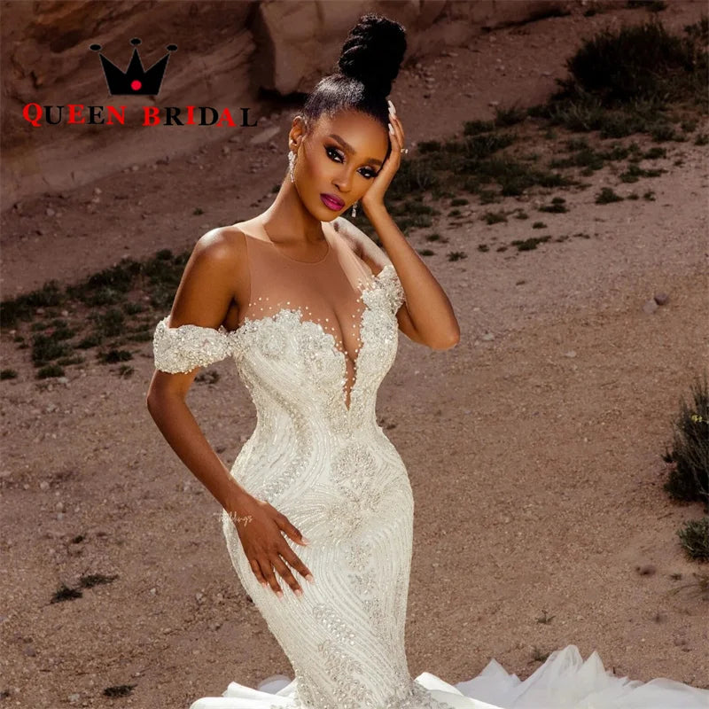 Sexy Mermaid Wedding Dresses 2023 Exquisite Crystal Beading Off The Shoulder Ruffles Train Bride Gowns Robe De Mariée L28W