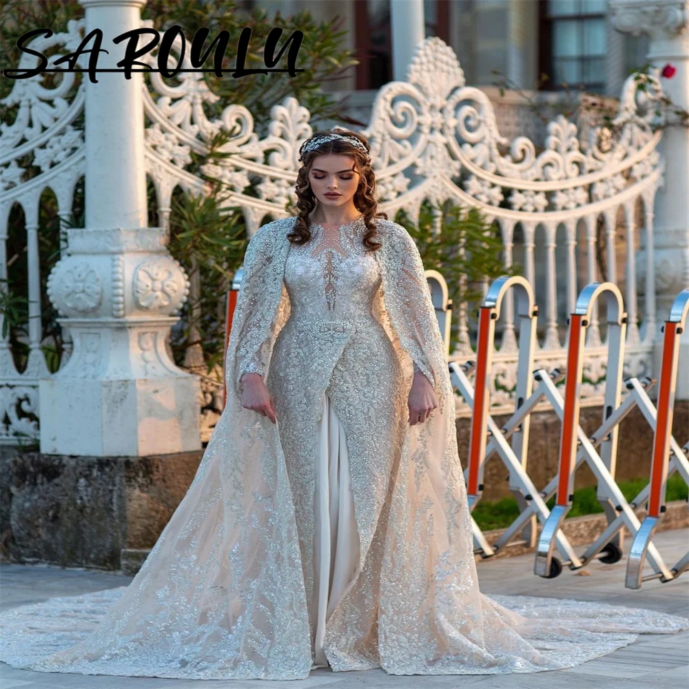 Sexy O-neck Dress For Bride Luxury Long Sleeve Lace Beadings Bridal Gown Romantic Floor-length Robe De Mariée
