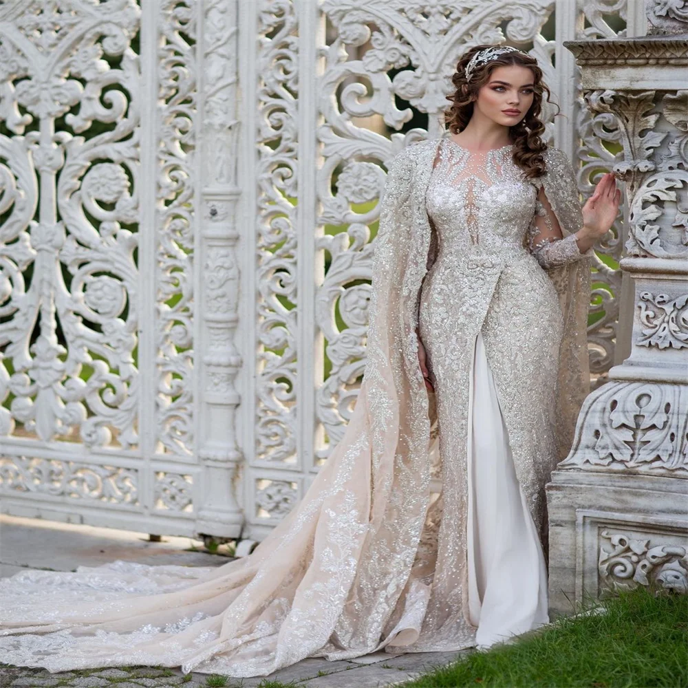 Sexy O-neck Dress For Bride Luxury Long Sleeve Lace Beadings Bridal Gown Romantic Floor-length Robe De Mariée