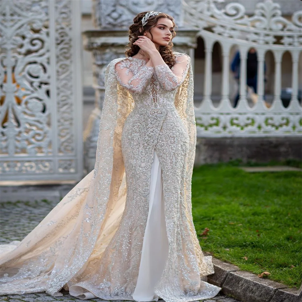 Sexy O-neck Dress For Bride Luxury Long Sleeve Lace Beadings Bridal Gown Romantic Floor-length Robe De Mariée