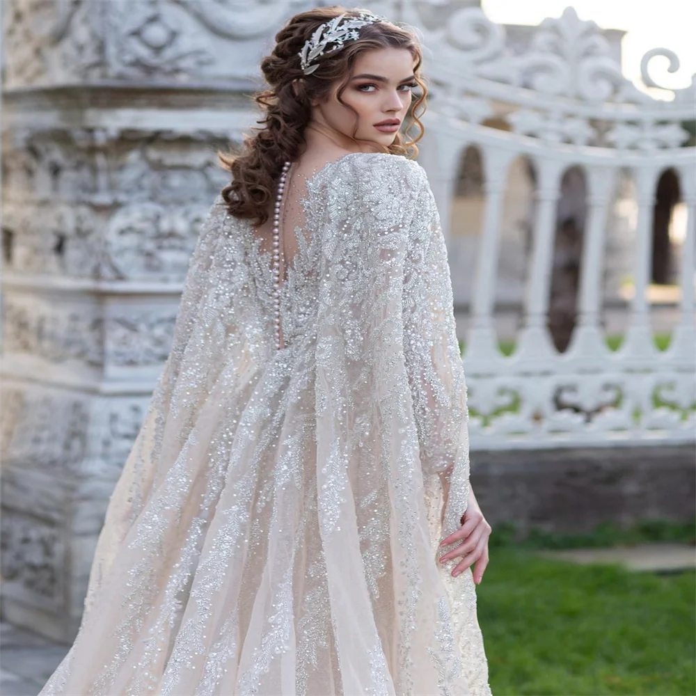 Sexy O-neck Dress For Bride Luxury Long Sleeve Lace Beadings Bridal Gown Romantic Floor-length Robe De Mariée
