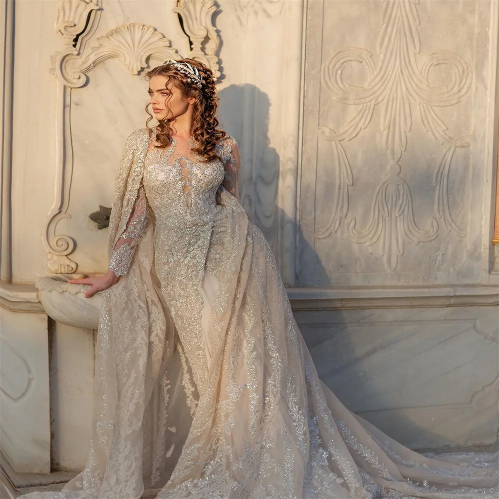 Sexy O-neck Dress For Bride Luxury Long Sleeve Lace Beadings Bridal Gown Romantic Floor-length Robe De Mariée