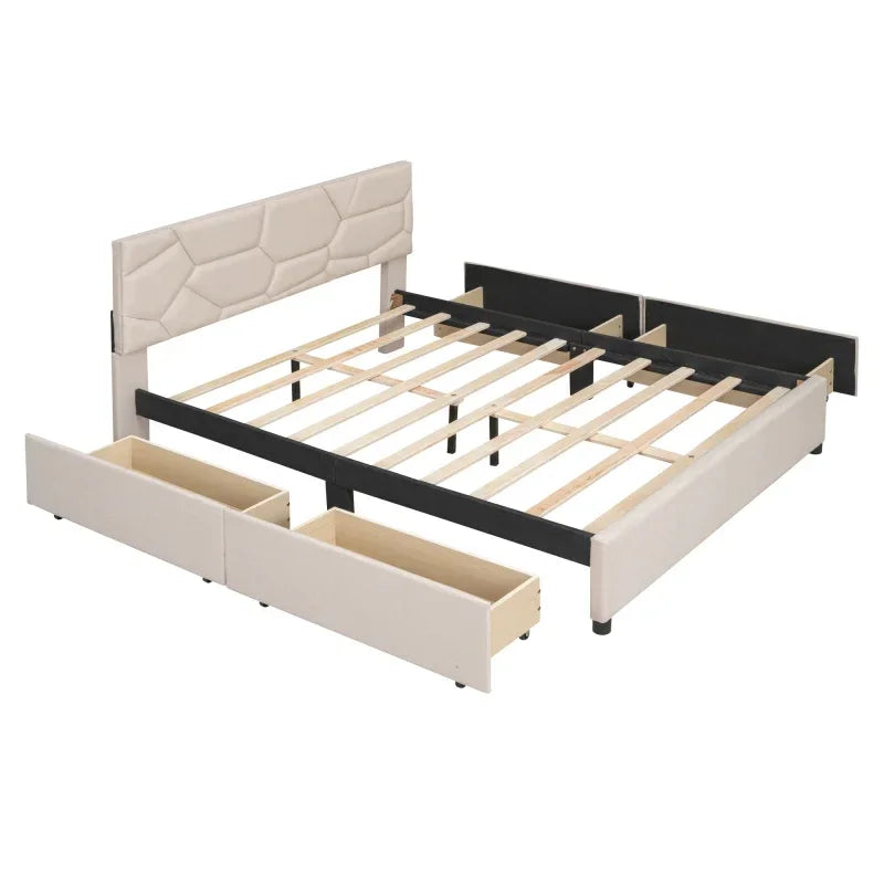 MMOOKA Beige Queen Size Upholstered Platform Bed with Brick Pattern Heardboard and 4 Drawers, Linen Fabric,for indoor bedroom furniture