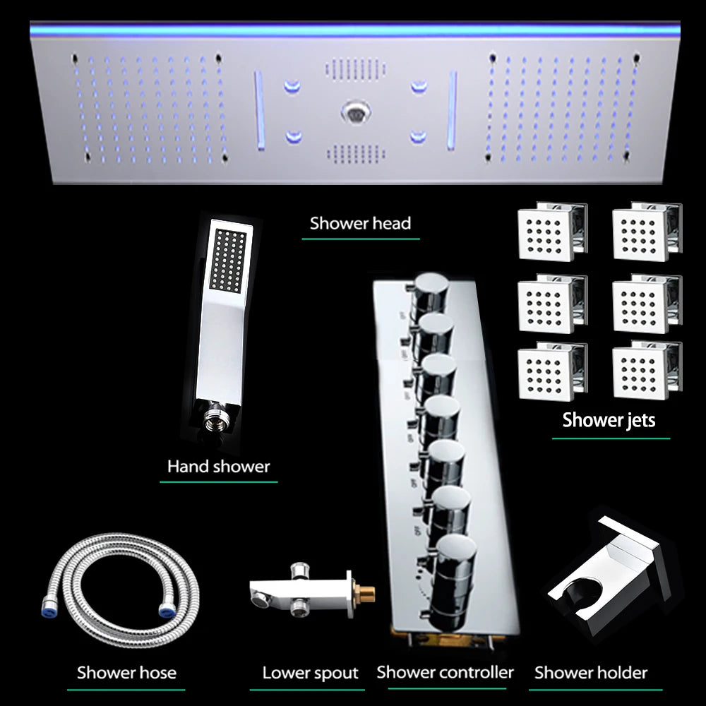 ANTNX 60x30cm 24x12Inch Big Music LED Shower Head 6 Function SPA Massag Thermostatic Mixer Faucet Kit ANTNX.COM
