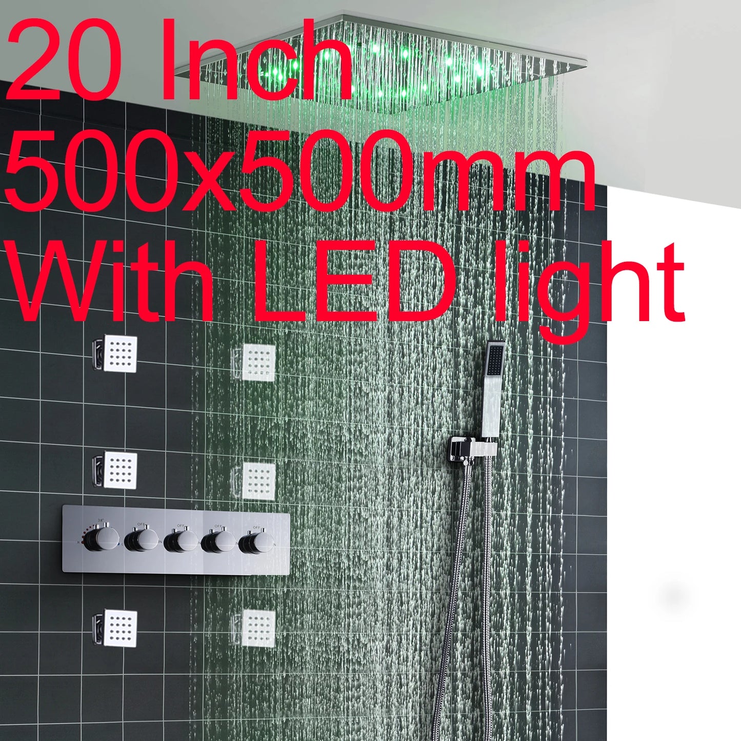 ANTNX 16/20inch 400/500mm LED Shower Head Faucet Set Rain Spray Massage Lateral Jets Thermostatic Mixer Valve Diverter Kit ANTNX.COM