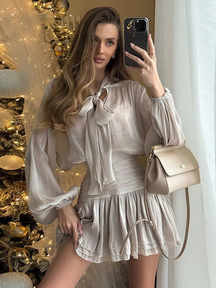 Flounce Mini Skirts Suits Women Elegant Loose Lace Up Bow Long Sleeves Shirts 2 Pieces Sets Female 2025 Spring New Solid Outfits