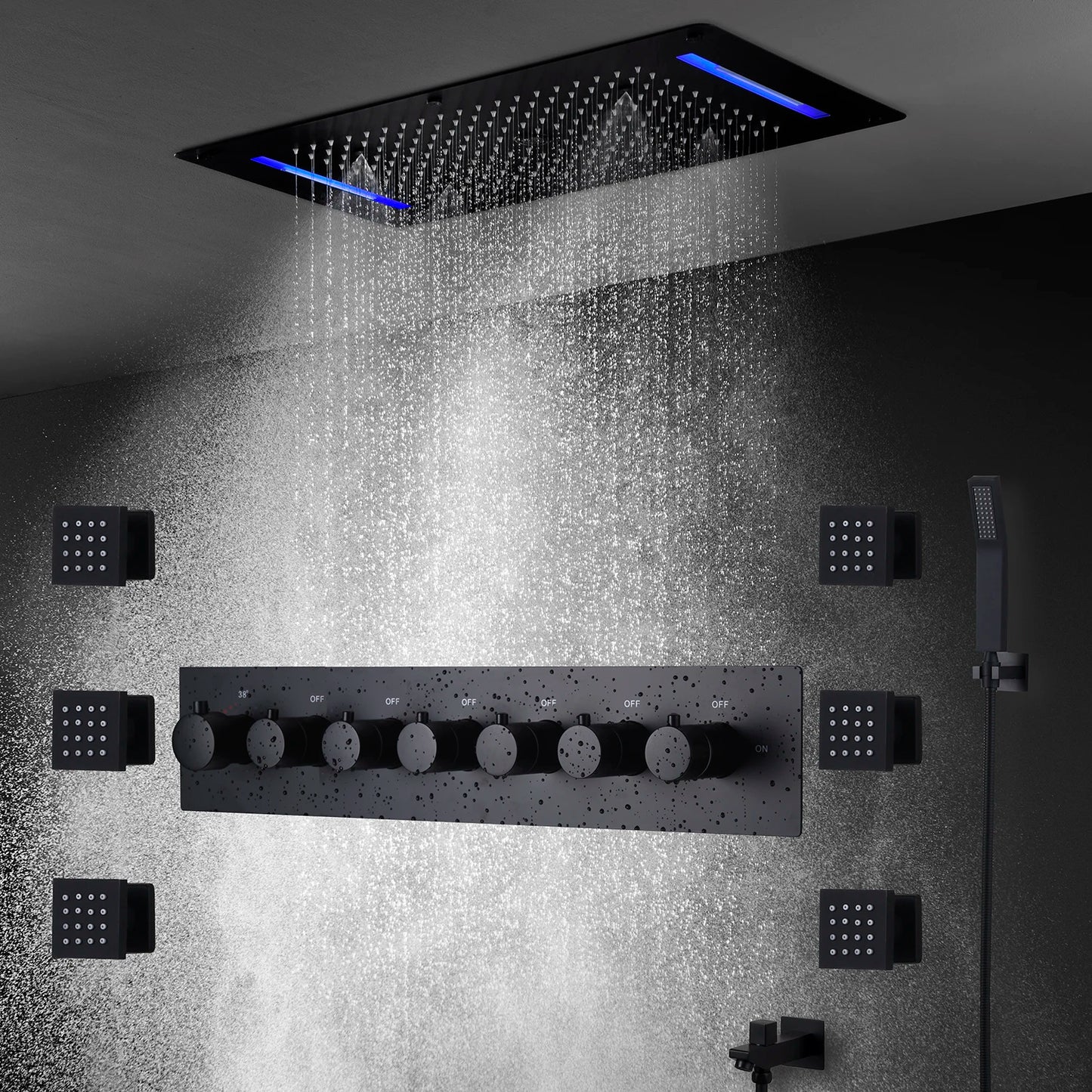MMOOKA Matt Black Shower Faucet Panel 28x15 Inch RGB LED Shower Head Set Thermostatic Mixer Valve Kit 6 Pcs 2 Inch Side Jets MMOOKA.COM