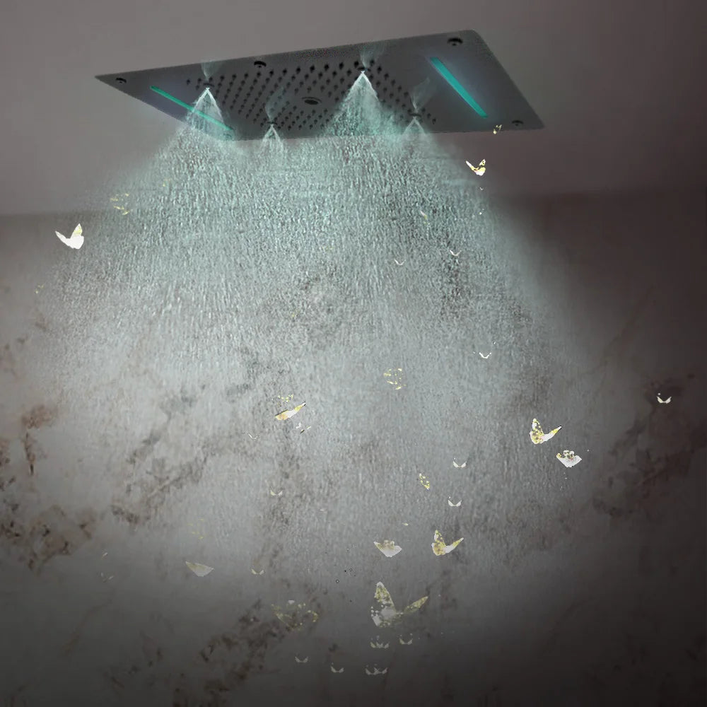MMOOKA LED Ceiling Shower Head 27.56"x14.96" Matte Black Embedded Showerhead Massage Rainfall Waterfall Bubble Mist Stainless Steel MMOOKA.COM