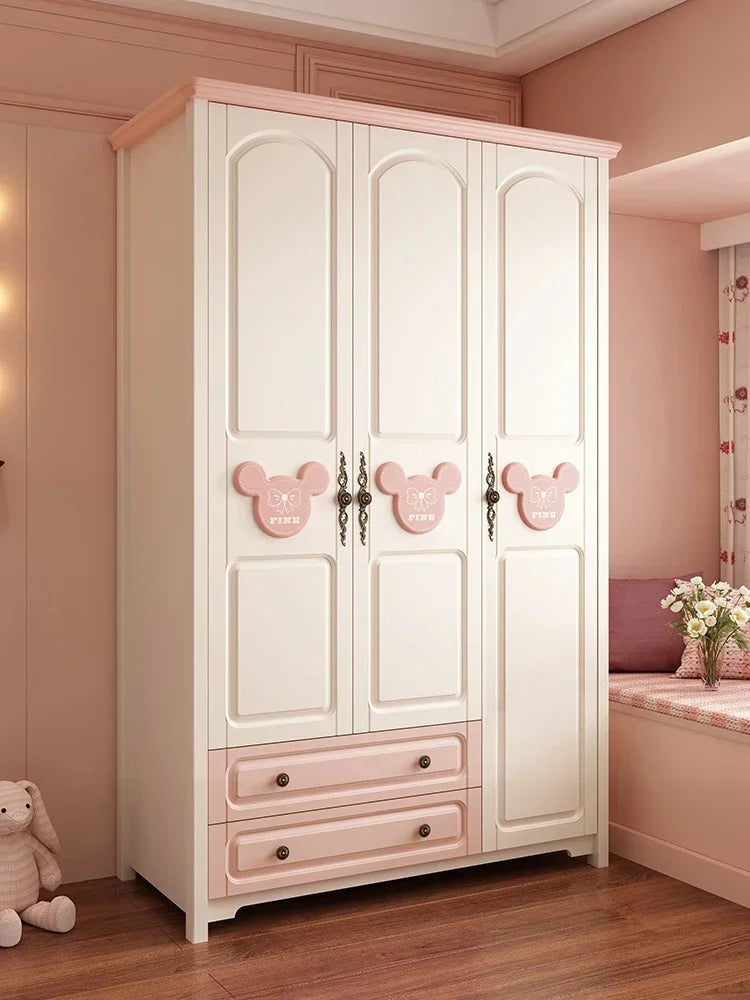 MMOOKA Children's Wardrobe Home Bedroom Cabinet Wood Foot Two Doors Three Doors Vertical Hinged Door Girls Pink