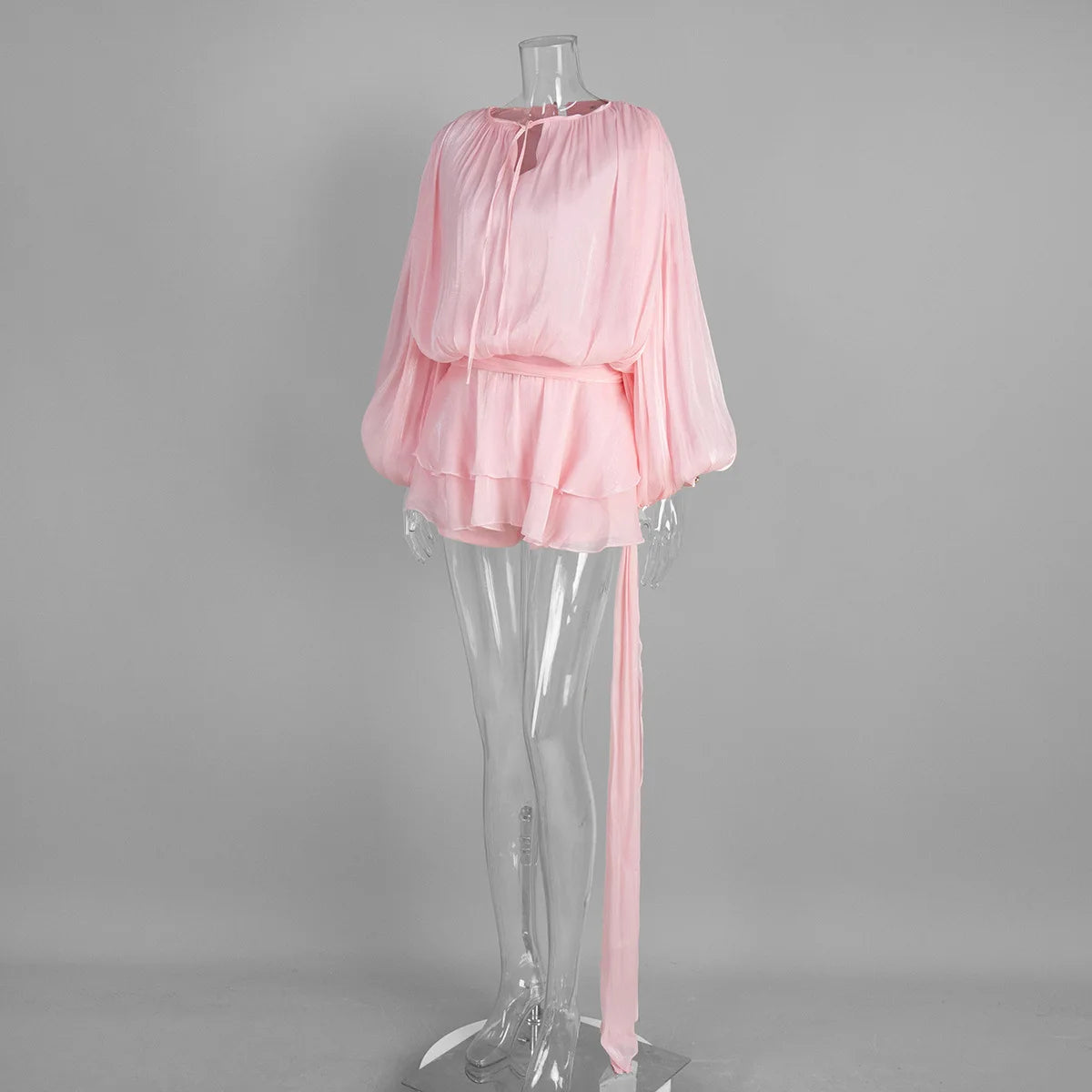 Tornova Chiffon Long Sleeve Dress Sets Female Lace Up Lantern Sleeve Elegant Ruffled Dress High Street Sexy Perspective Outfits