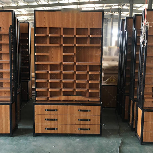 Shopping mall display cabinet Fashion industrial style glasses display counter Iron wood grain display rack display cabinet