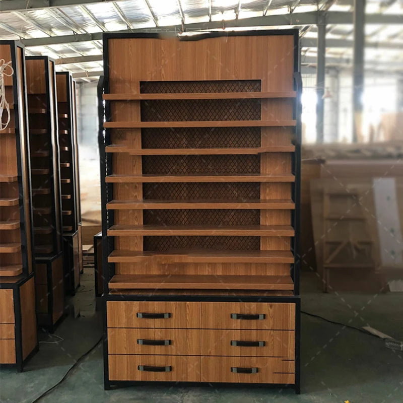 Shopping mall display cabinet Fashion industrial style glasses display counter Iron wood grain display rack display cabinet