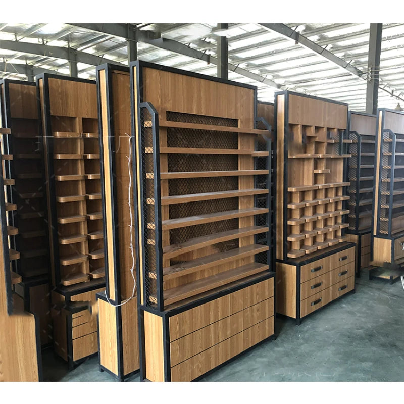 Shopping mall display cabinet Fashion industrial style glasses display counter Iron wood grain display rack display cabinet