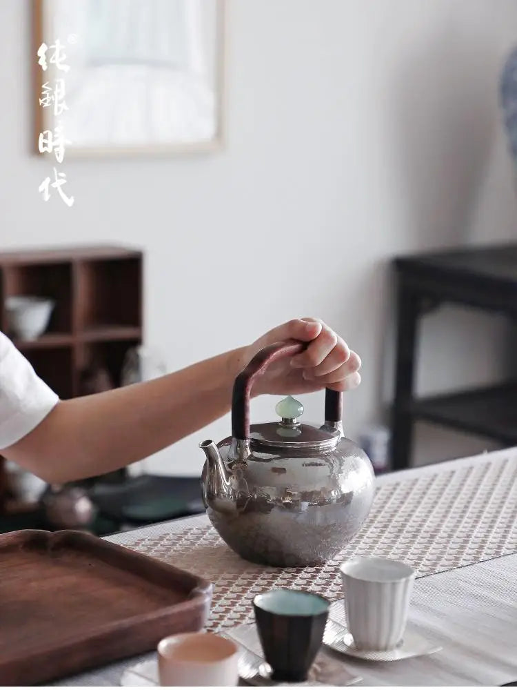 Silver Teapot Purple Leather Wu Jing Lifting Handle Type Sterling Silver 999 Kettle Chinese Handmade Silver Teapot 1000ml