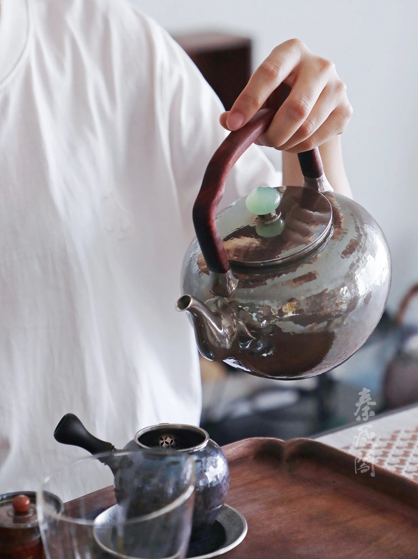 Silver Teapot Purple Leather Wu Jing Lifting Handle Type Sterling Silver 999 Kettle Chinese Handmade Silver Teapot 1000ml