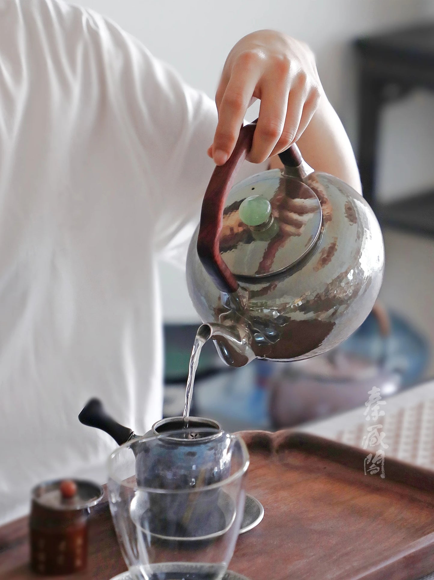 Silver Teapot Purple Leather Wu Jing Lifting Handle Type Sterling Silver 999 Kettle Chinese Handmade Silver Teapot 1000ml