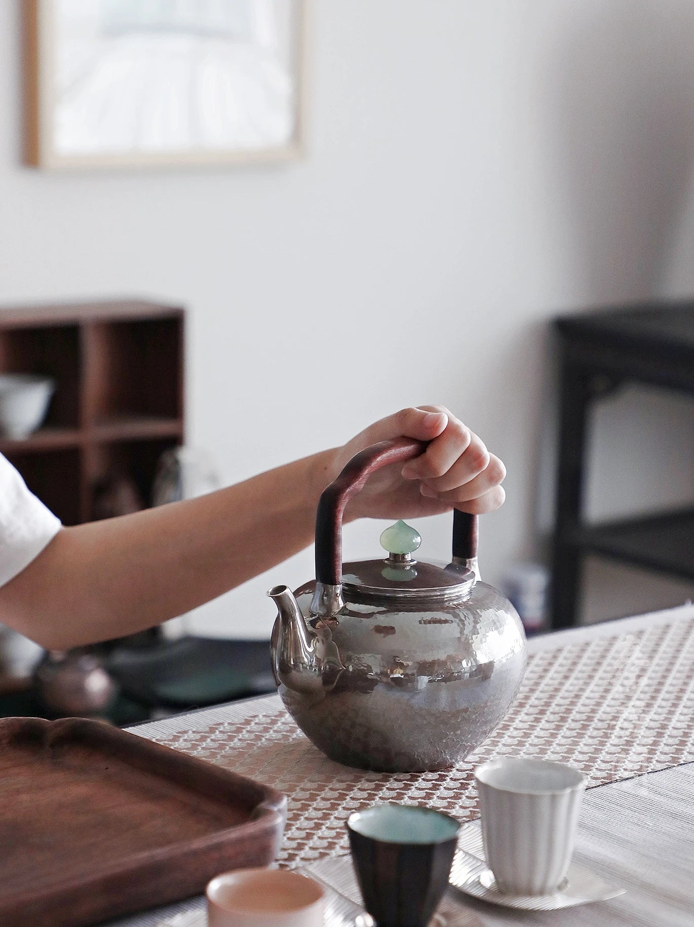 Silver Teapot Purple Leather Wu Jing Lifting Handle Type Sterling Silver 999 Kettle Chinese Handmade Silver Teapot 1000ml