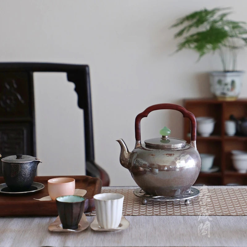 Silver Teapot Purple Leather Wu Jing Lifting Handle Type Sterling Silver 999 Kettle Chinese Handmade Silver Teapot 1000ml