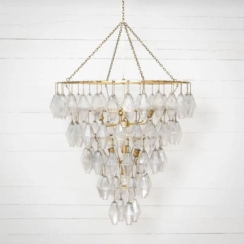 Simple design of wrought iron to make old lamp luxury villa living room stairs long chandelier luxury prismatic glass light