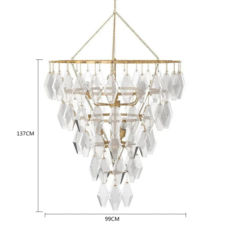 Simple design of wrought iron to make old lamp luxury villa living room stairs long chandelier luxury prismatic glass light