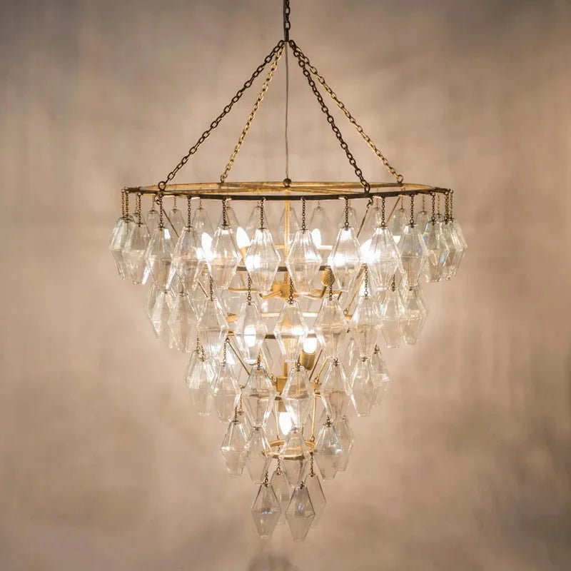 Simple design of wrought iron to make old lamp luxury villa living room stairs long chandelier luxury prismatic glass light